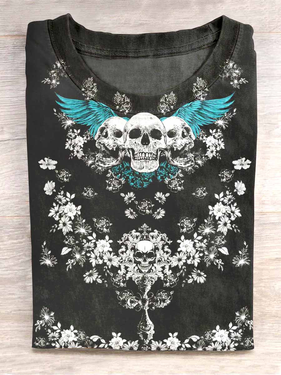 Unisex Halloween Skull Floral Print Casual T-Shirt