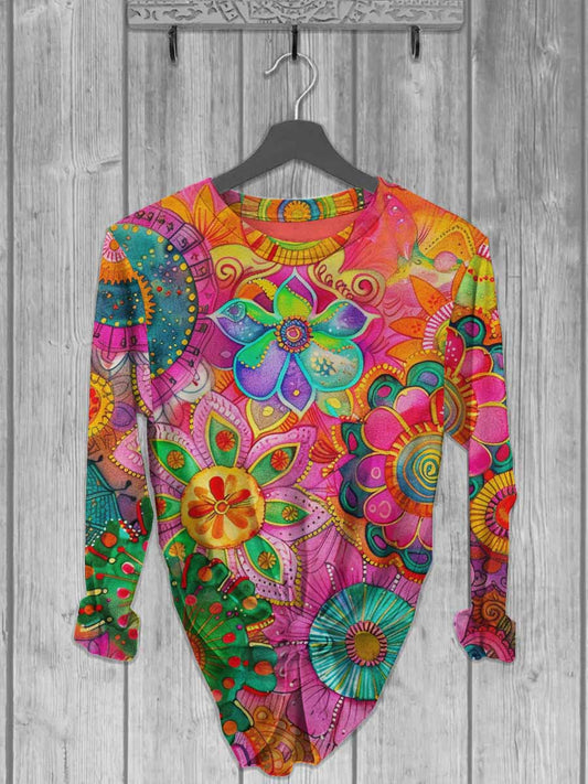 Unisex Abstract Floral Print Casual Long Sleeve T-Shirt