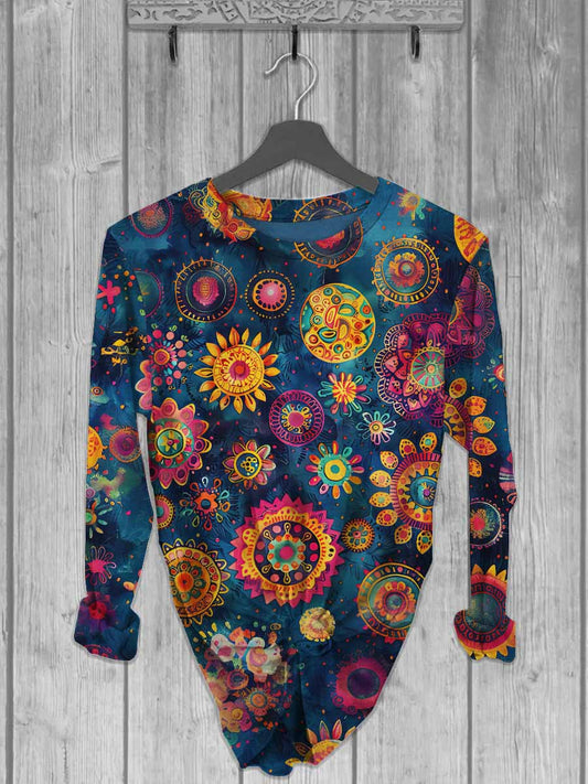 Unisex Abstract Floral Print Casual Long Sleeve T-Shirt