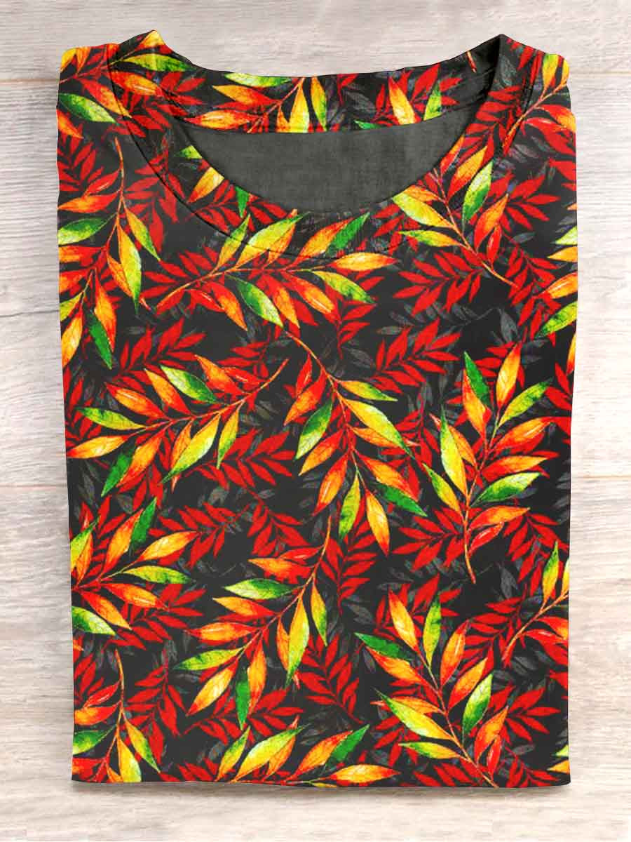 Unisex Autumn Leaves Print Casual T-Shirt