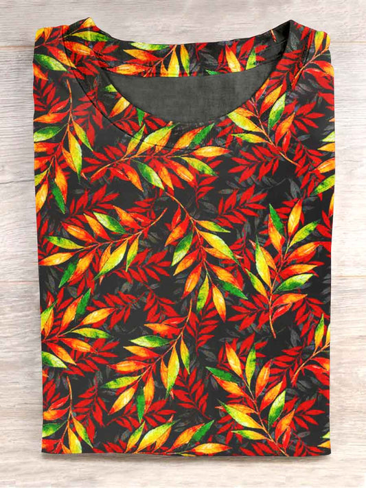 Unisex Autumn Leaves Print Casual T-Shirt