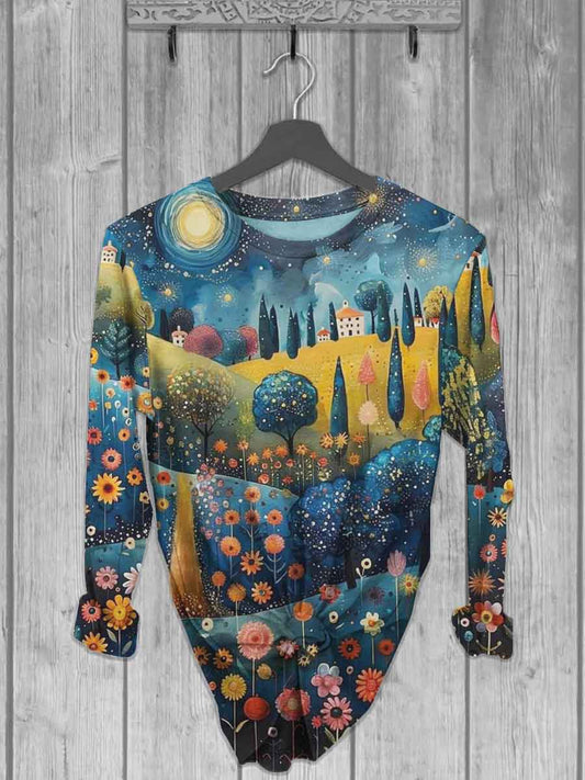 Unisex Abstract Floral Hillside Print Casual Long Sleeve T-Shirt