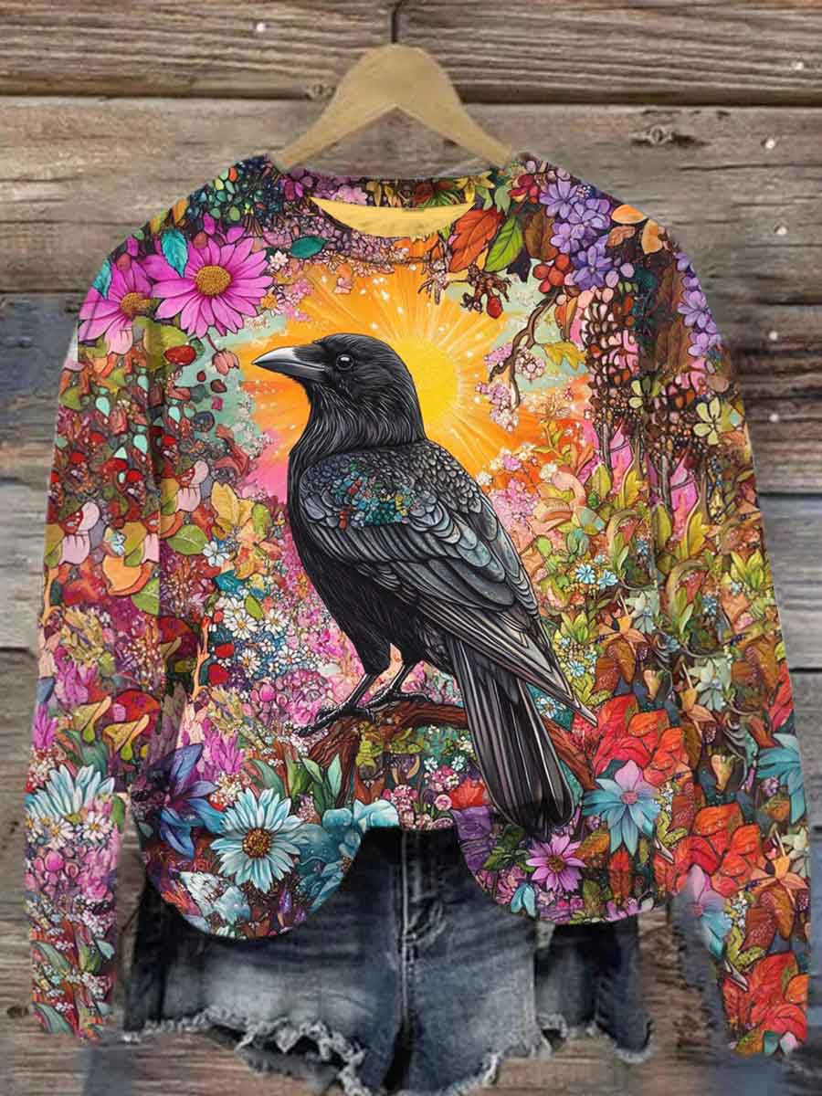 Unisex Floral Raven Print Casual Sweatshirt