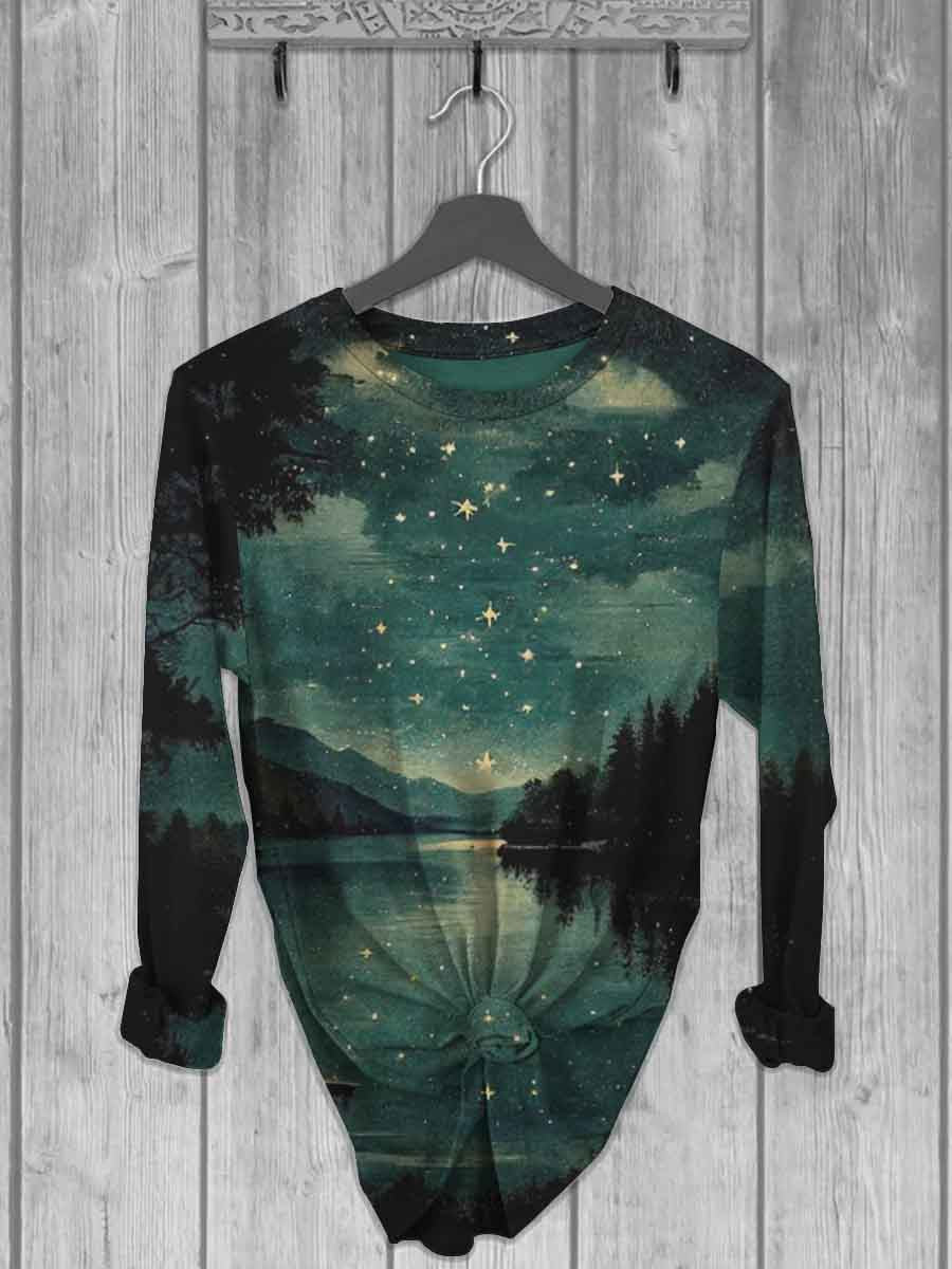 Unisex Retro Stargazing Print Casual Long Sleeve T-Shirt