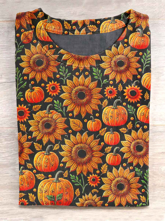 Unisex Sunflower Pumpkin Print Casual T-Shirt