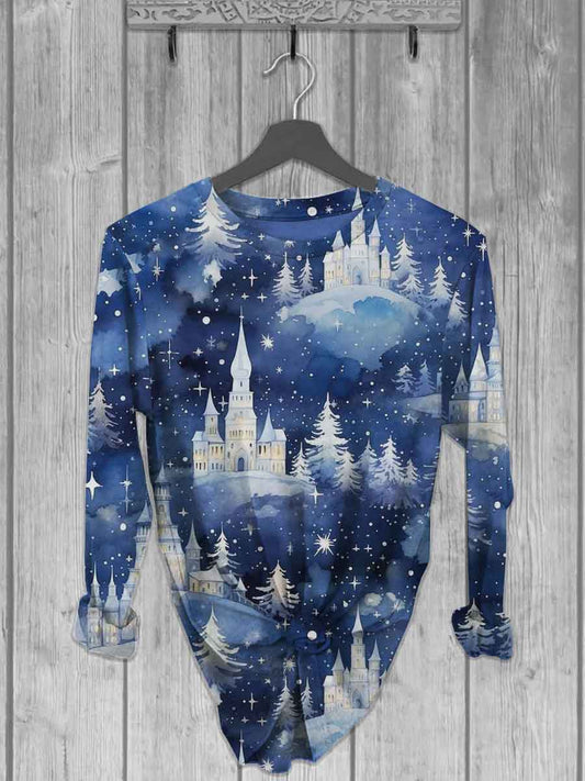 Unisex Christmas Igloo Print Casual Long Sleeve T-Shirt