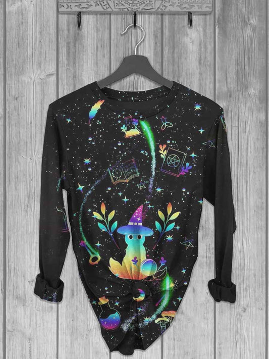 Unisex Wizard Cat Print Casual Long Sleeve T-Shirt