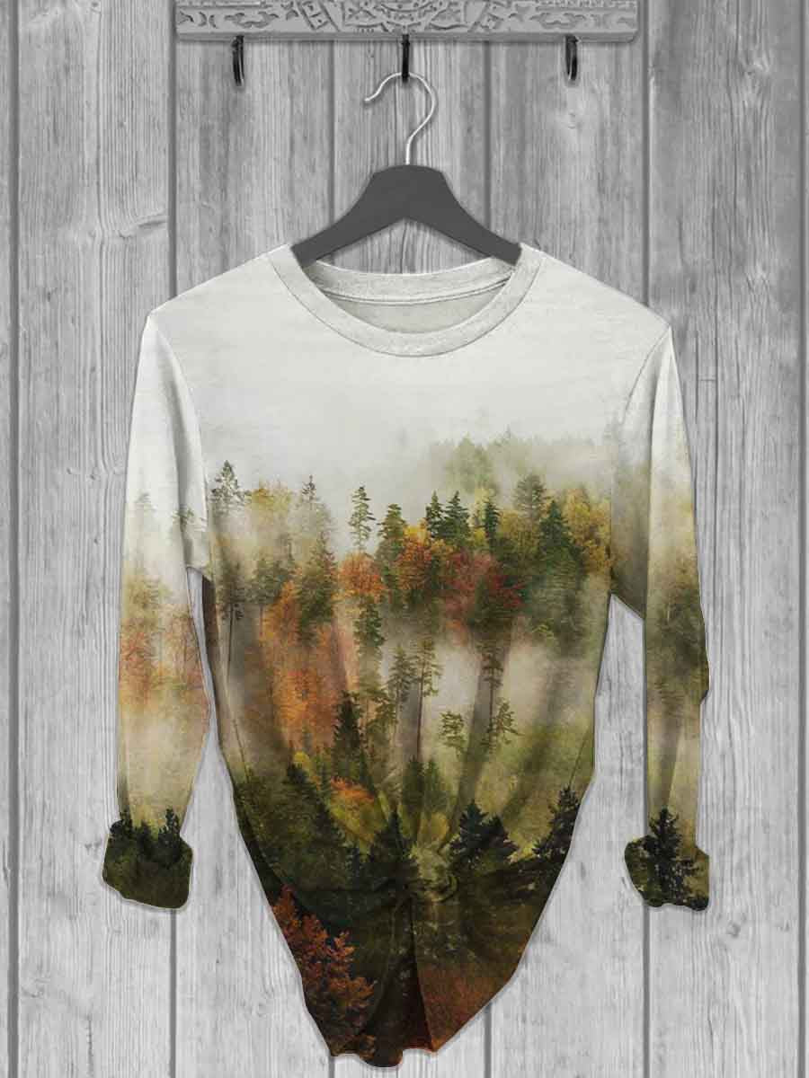 Unisex Misty Forest Print Casual Long Sleeve T-Shirt