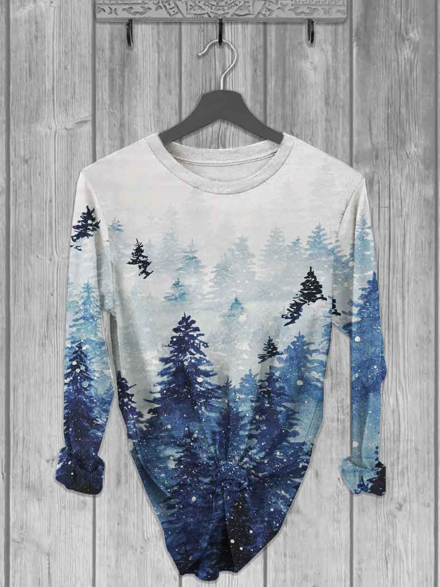 Unisex Snow Forest Printed Casual Long Sleeve T-Shirt