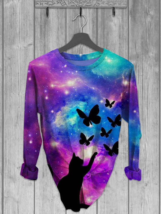 Unisex Starry Sky Cat Butterfly Print Casual Long Sleeve T-shirt