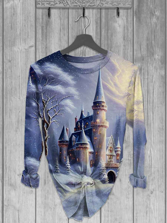 Unisex Christmas Snow Castle Printed Casual Long Sleeve T-Shirt