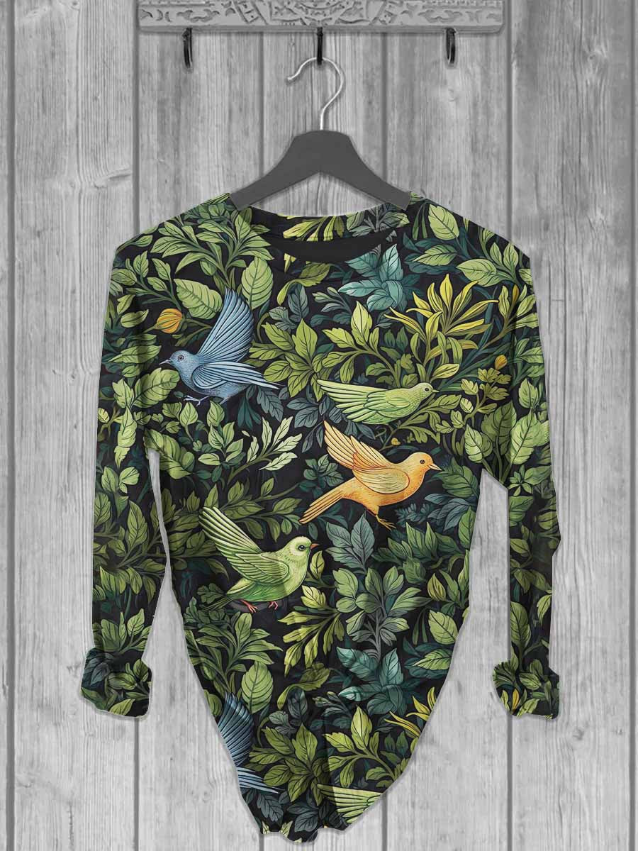 Unisex Floral and Bird Print Casual Long Sleeve T-Shirt