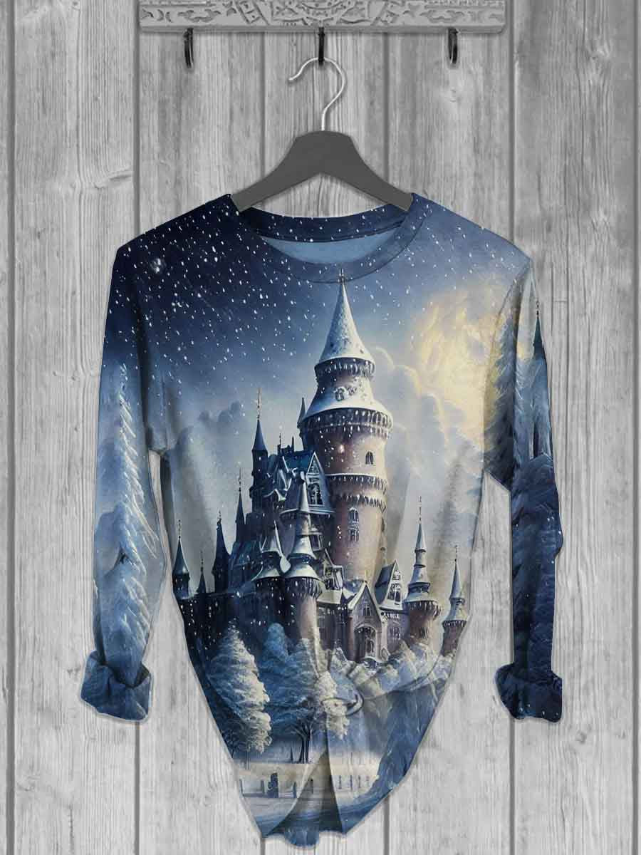 Unisex Christmas Snow Castle Printed Casual Long Sleeve T-Shirt