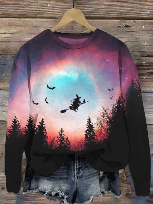 Unisex Halloween Flying Witch Print Casual Sweatshirt