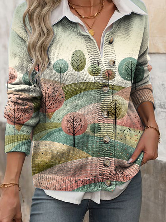 Women's Landscape Art Illustration Print Cardigan Sweater