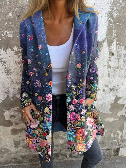 Women's Vintage Floral Print Hooded Cardigan Coat