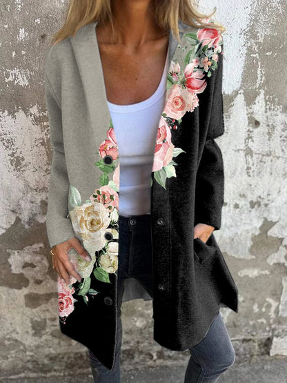 Women's Vintage Floral Print Hooded Cardigan Coat