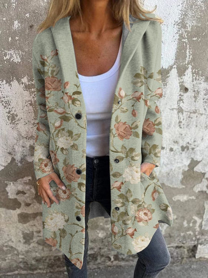 Women's Vintage Floral Print Hooded Cardigan Coat