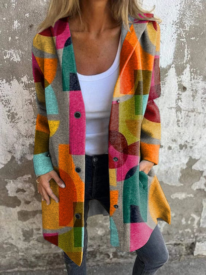 Women's Retro Geometric Print Hooded Cardigan Coat