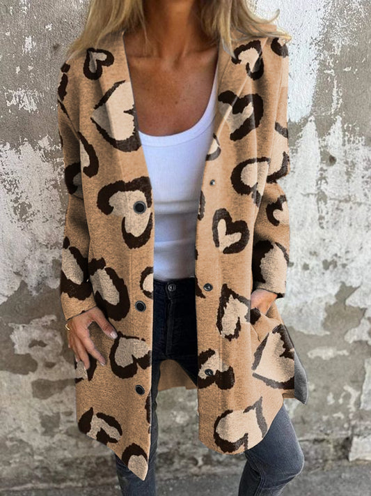 Women's Retro Heart Print Hooded Cardigan Coat