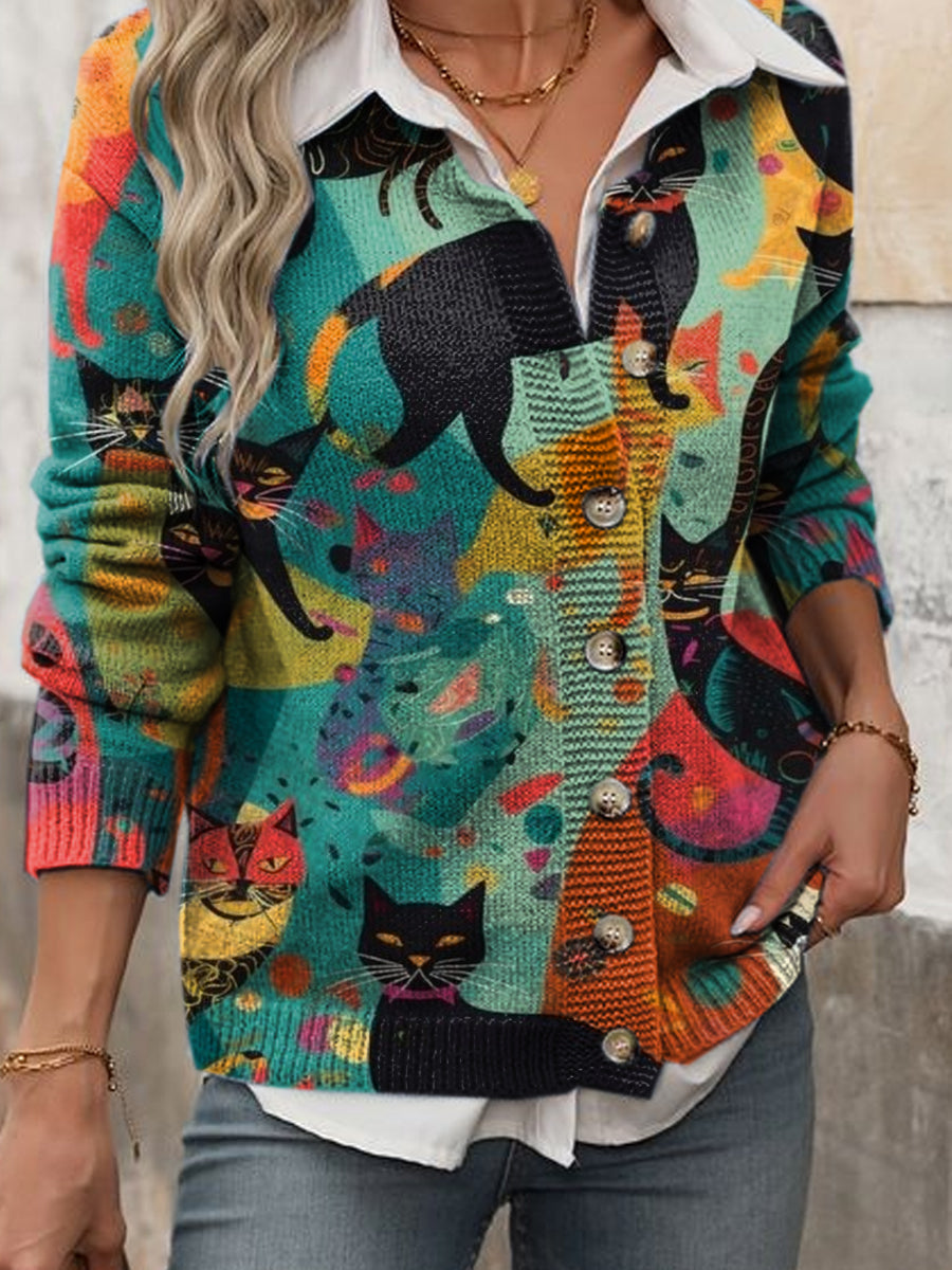 Women's Cute Cat Illustration Printed Cardigan Sweater