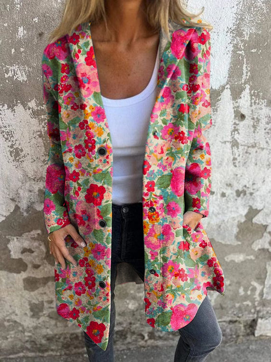 Women's Vintage Floral Print Hooded Cardigan Coat