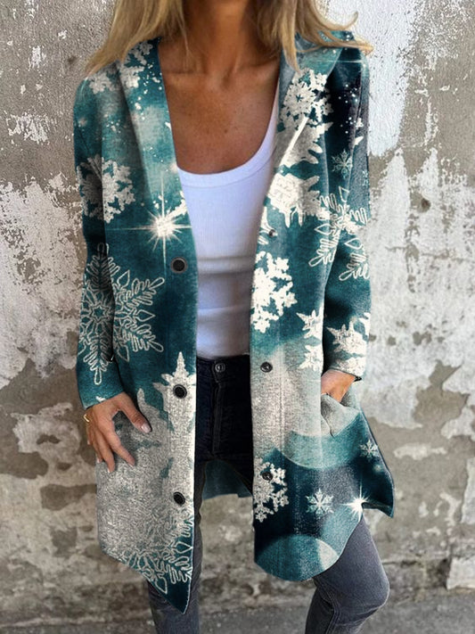 Women's Vintage Winter Snowflake Print Hooded Cardigan Coat