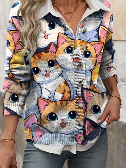 Women's Cute Cat Illustration Printed Cardigan Sweater