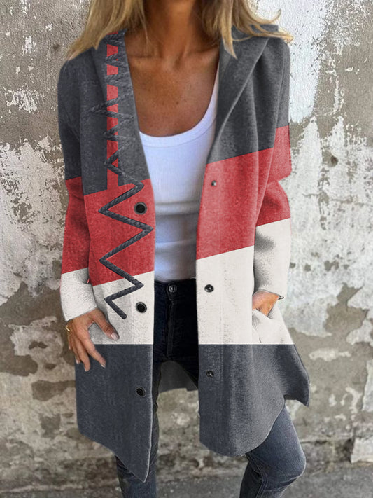 Women's Retro Geometric Print Hooded Cardigan Coat