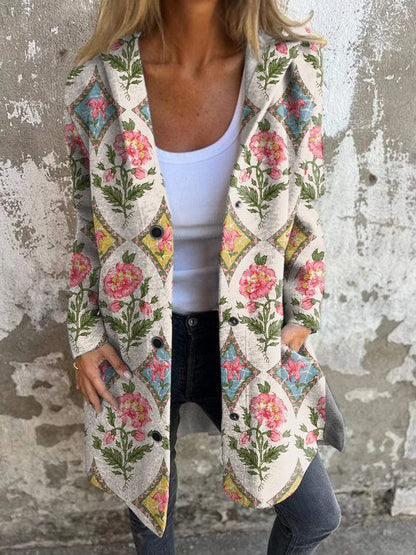 Women's Vintage Ethnic Floral Print Hooded Cardigan Coat