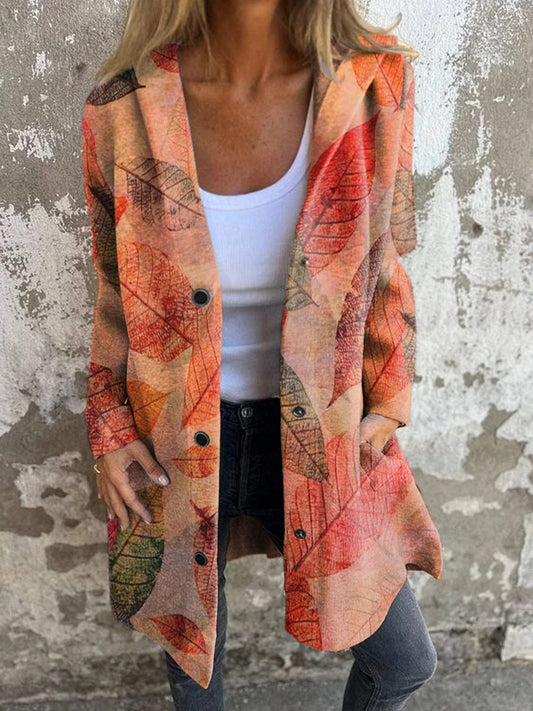 Women's Vintage Leaf Print Hooded Cardigan Coat