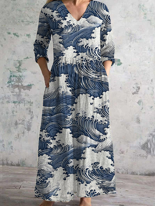 Women's Fashion Elegant Art Print V-Neck Long Sleeve Maxi Dress