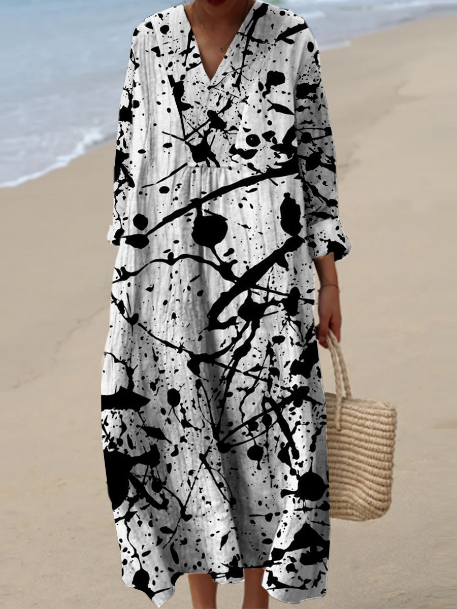 Ladies Fashion Elegant Ink Art Print V-Neck Long Sleeve Maxi Dress