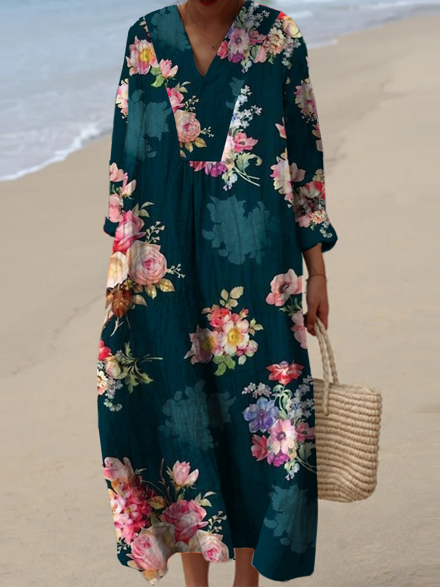 Women's Fashion Elegant Artistic Floral Print V-Neck Long Sleeve Maxi Dress