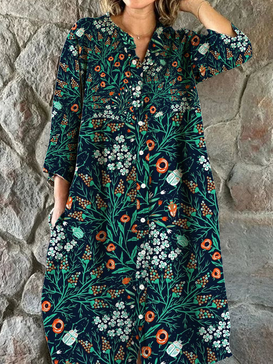 Women's Fashion Elegant Artistic Floral Print V-Neck Three Quarter Sleeve Button Midi Dress