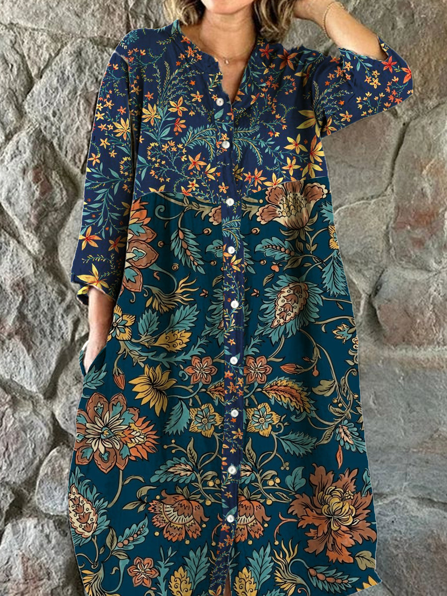 Women's Fashion Elegant Artistic Floral Print V-Neck Button Three Quarter Sleeve Midi Dress