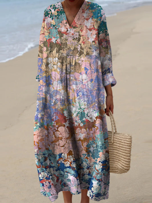 Women's Fashion Elegant Artistic Floral Print V-Neck Three Quarter Sleeves Maxi Dress