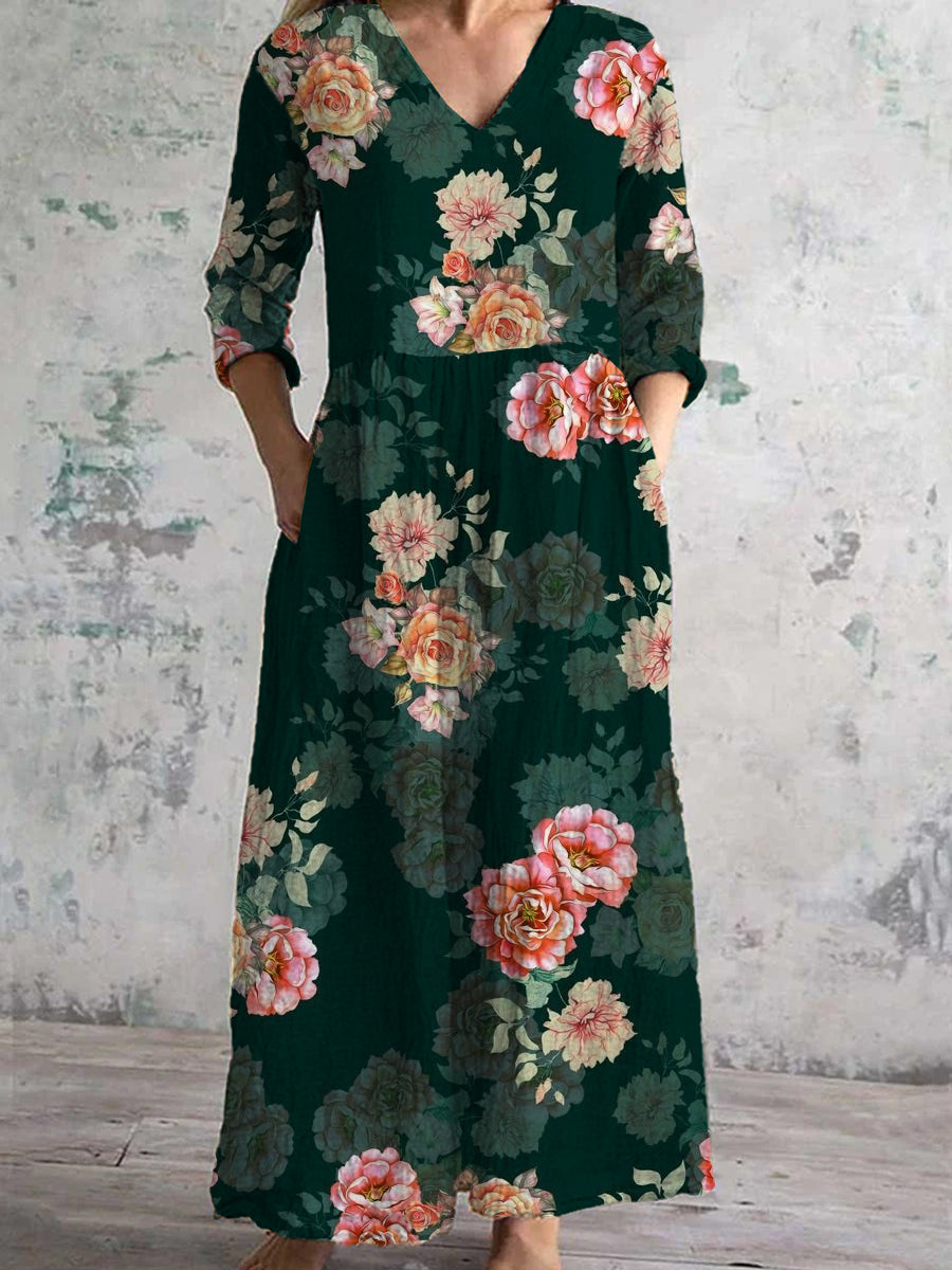 Women's Fashion Elegant Artistic Floral Print V-Neck Long Sleeve Maxi Dress