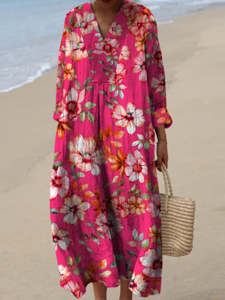 Women's Fashion Elegant Artistic Floral Print V-Neck Long Sleeve Maxi Dress