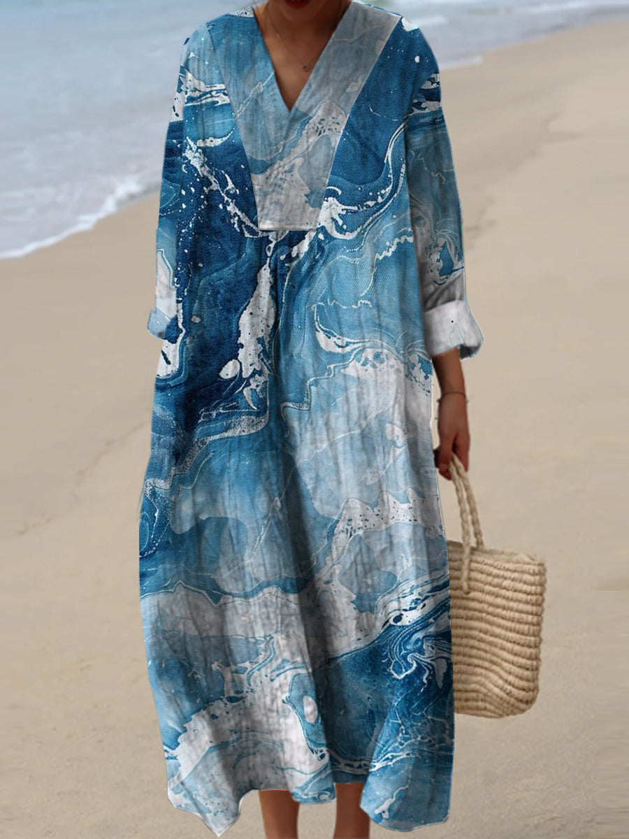 Women's Fashion Elegant Artistic Wave Printed V-Neck Long Sleeve Maxi Dress