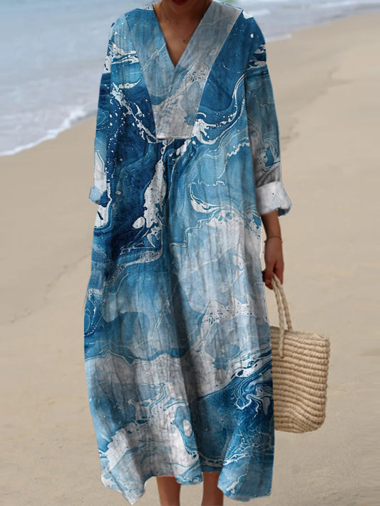 Women's Fashion Elegant Artistic Wave Printed V-Neck Long Sleeve Maxi Dress