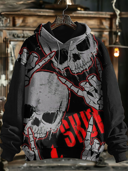 Unisex Punk Skull Print Halloween Hooded Sweatshirt With Pocket