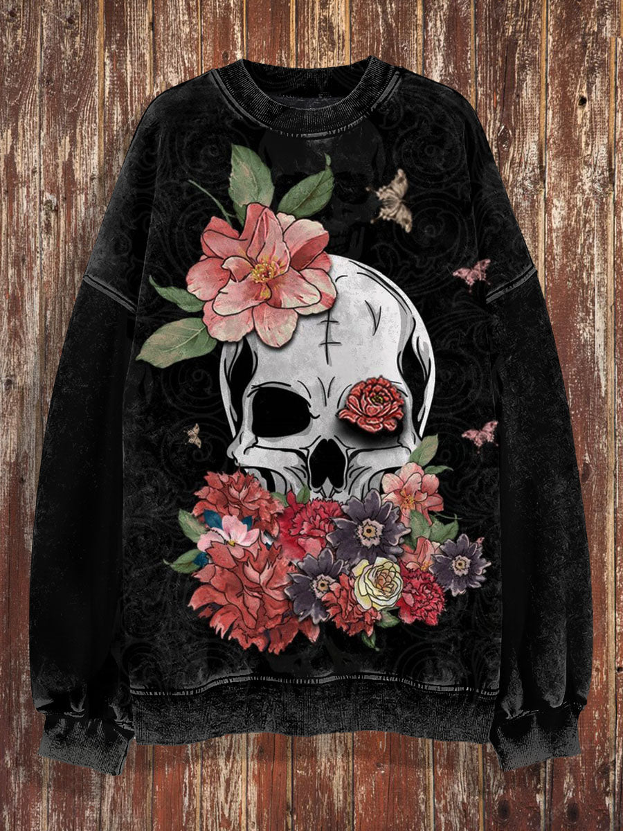 Unisex 3D Skull Floral Print Halloween Crew Neck Casual Sweatshirt