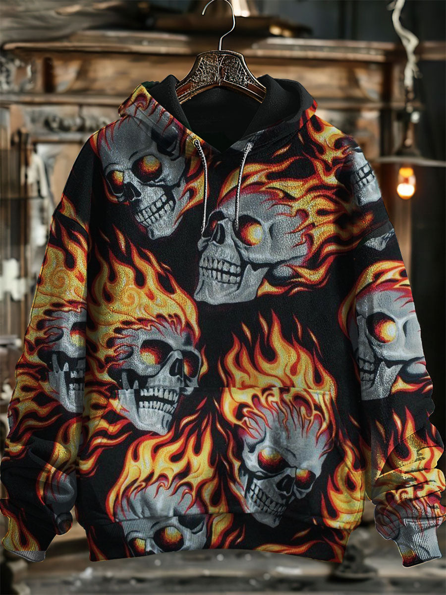 Unisex Fire Punk Skull Print Hooded Sweatshirt With Pocket