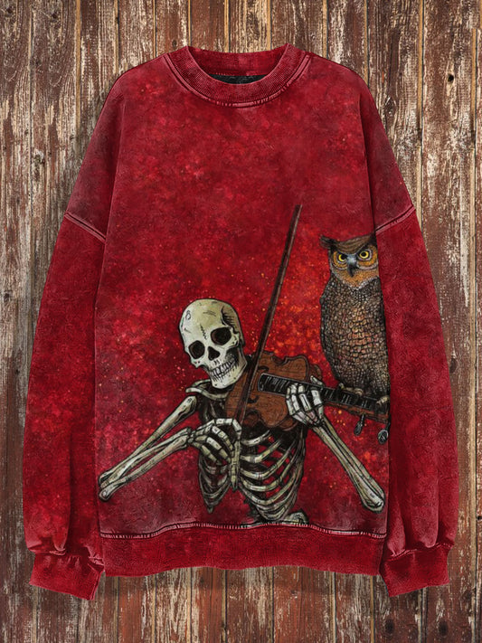 Unisex Skulls Violin Print Halloween Crew Neck Casual Sweatshirt