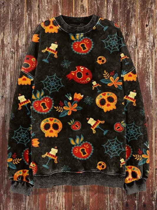 Unisex Mexican Skull Print Halloween Crew Neck Casual Sweatshirt