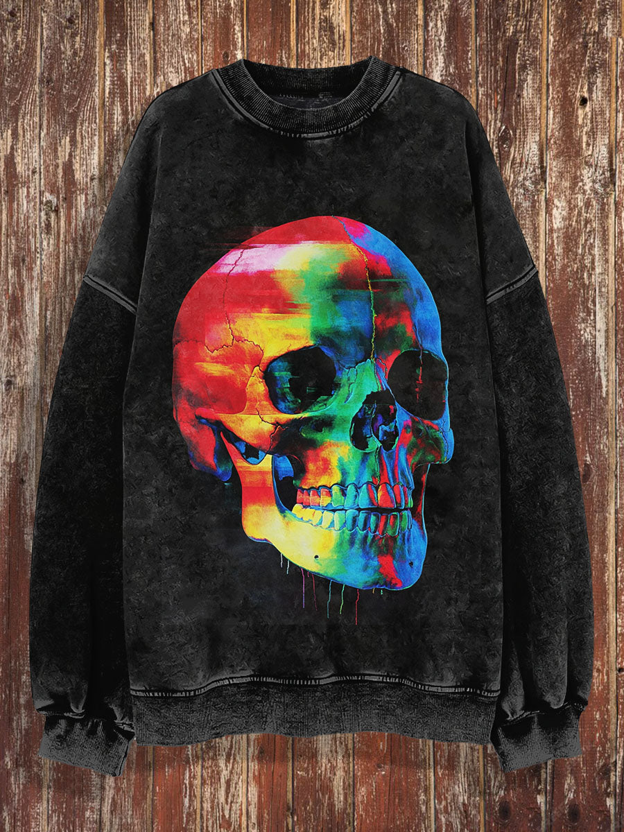 Unisex Rainbow Skull Print Halloween Crew Neck Casual Sweatshirt