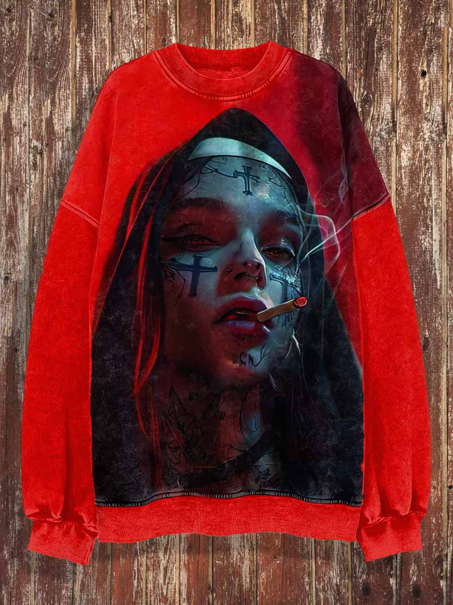 Unisex Bad Nun Print Halloween Crew Neck Casual Sweatshirt