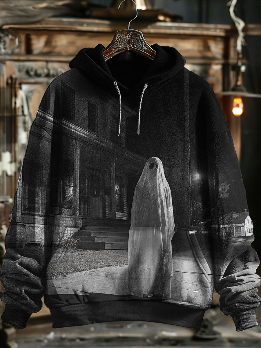 Unisex Lonly Ghost Print Halloween Hooded Sweatshirt With Pocket