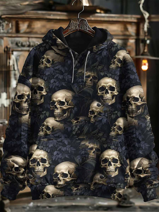 Unisex Vintage Skulls Halloween Print Hooded Sweatshirt With Pocket